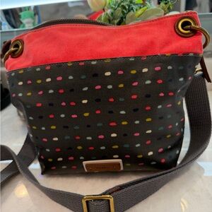 Fossil Polka Dot Canvas Crossbody Bag in Coral and Gray
